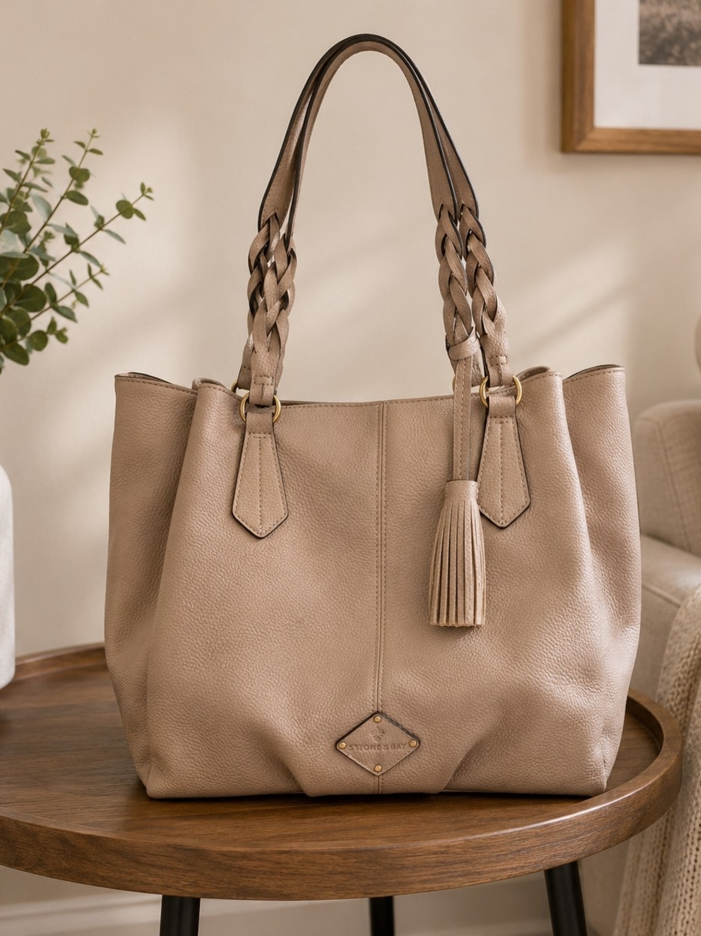St. John’s Bay Beige Braided Handle Shoulder Tote Bag